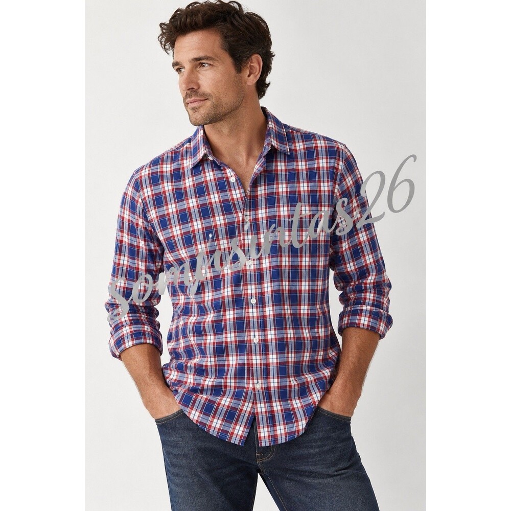 Frank & Eileen Paul Shirt S Red Blue Plaid Italian Cotton Preppy Button Up